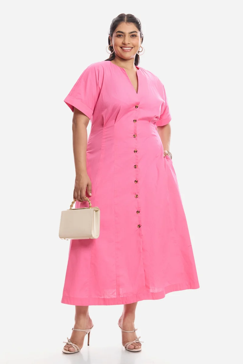 فيرجيو Solid Cotton Pleated Midi Shirt Plus Size Dress for Women