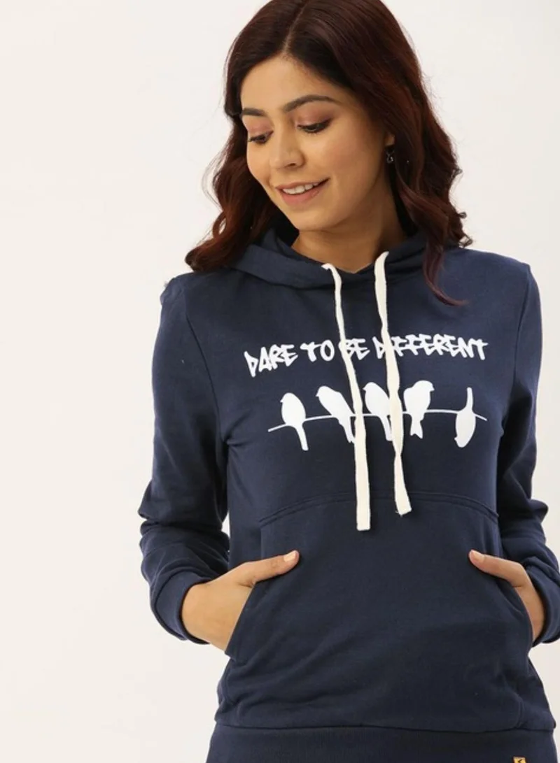 Campus Sutra Women's Navy Blue To-Be-Different Print Pullover Hoodie