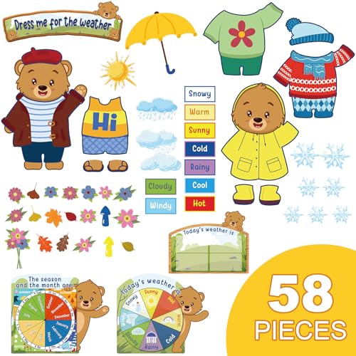 Gilprop 58 Pcs Weather Bulletin Board Set for Classroom 12 x 8 Inch Cute Animal Dress Weather Chart Seasonal Bulletin Board Cutout Decorations for School Preschool Homeschool Wall DecorBear - Image 3