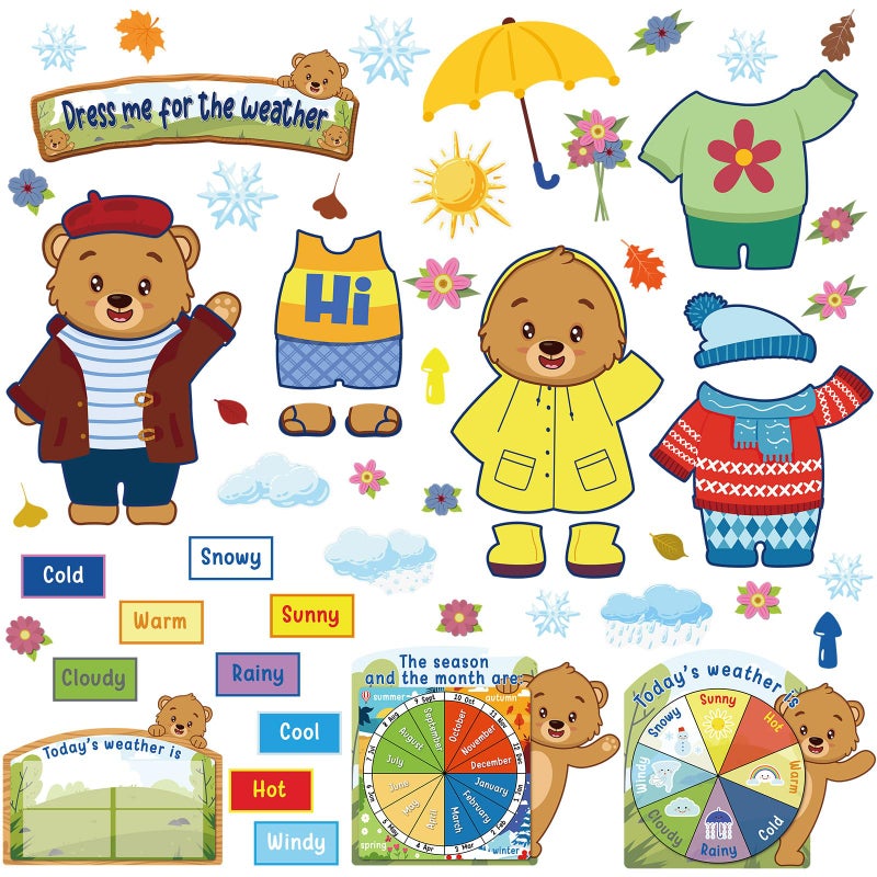 Gilprop 58 Pcs Weather Bulletin Board Set for Classroom 12 x 8 Inch Cute Animal Dress Weather Chart Seasonal Bulletin Board Cutout Decorations for School Preschool Homeschool Wall DecorBear - Image 2