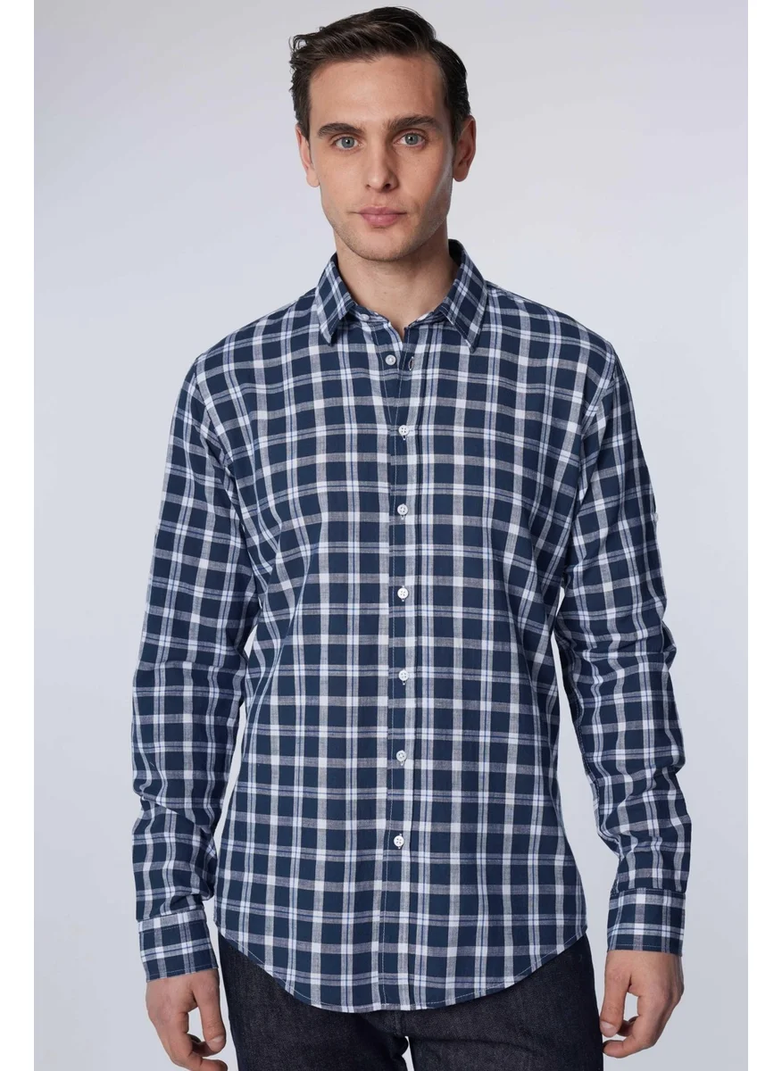 تودورس Slim Fit Long Sleeve Slim Fit Checked Linen Texture Summer Men's Shirt