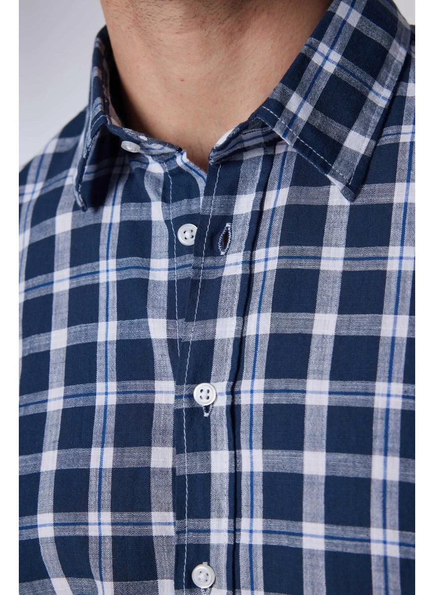 تودورس Slim Fit Long Sleeve Slim Fit Checked Linen Texture Summer Men's Shirt