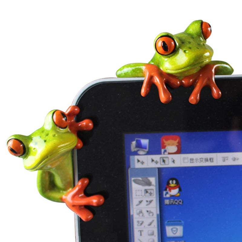2 Pcs Funny Resin Frogs Decor 3D Creative Craft Animal Frog Figurine Adorable Office Desk Toy Great for Computer Monitor Desk Decoration