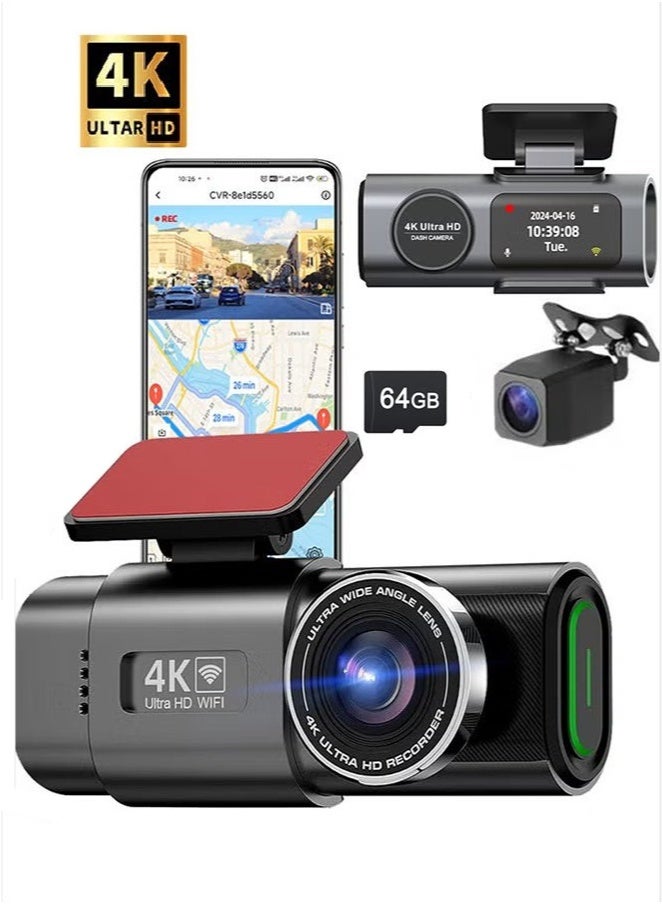 4K Dash Cam Set, Front 4K Rear 1080P, with GPS Module and 64GB Memory Card, Built-in WIFI Connect to mobile APP - Image 1