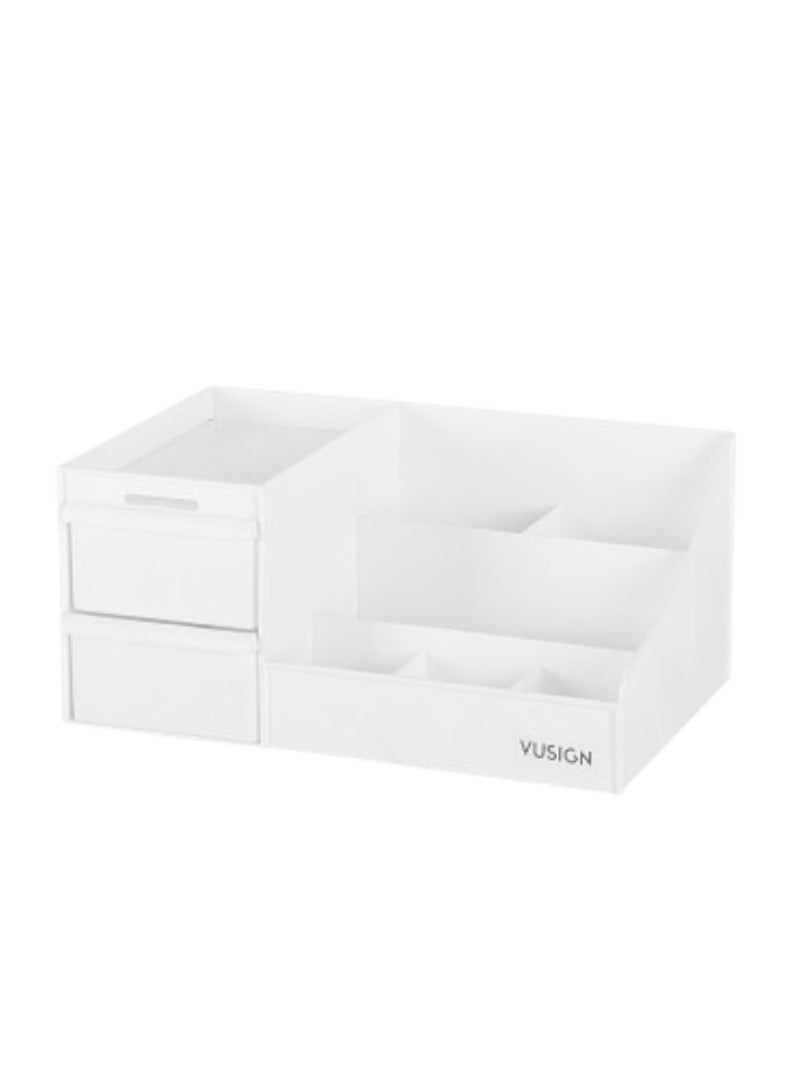 Deli Vusign Cosmetic Organizer - 28.5x17.5x12.5cm Multi-Compartment Storage Box with Drawer & Anti-Fall Guardrails (White, Space-Saving PP Plastic) - Image 1