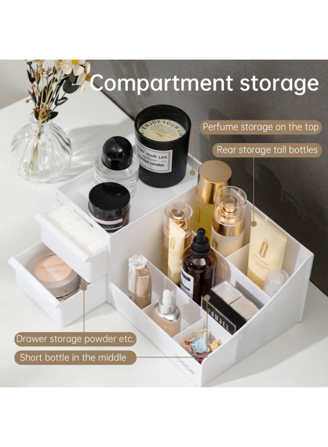 Deli Vusign Cosmetic Organizer - 28.5x17.5x12.5cm Multi-Compartment Storage Box with Drawer & Anti-Fall Guardrails (White, Space-Saving PP Plastic) - Image 3