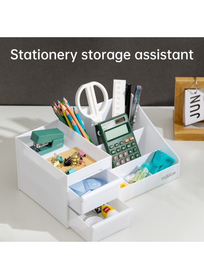 Deli Vusign Cosmetic Organizer - 28.5x17.5x12.5cm Multi-Compartment Storage Box with Drawer & Anti-Fall Guardrails (White, Space-Saving PP Plastic) - Image 5