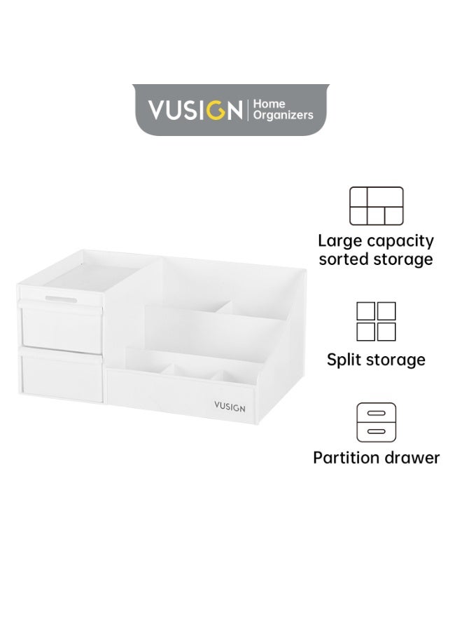 Deli Vusign Cosmetic Organizer - 28.5x17.5x12.5cm Multi-Compartment Storage Box with Drawer & Anti-Fall Guardrails (White, Space-Saving PP Plastic) - Image 2