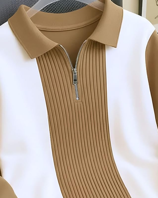 AUSK T-Shirt for Men Zip Neck Texture Self Design Cotton Blend Mens Tshirts Beige - Image 4