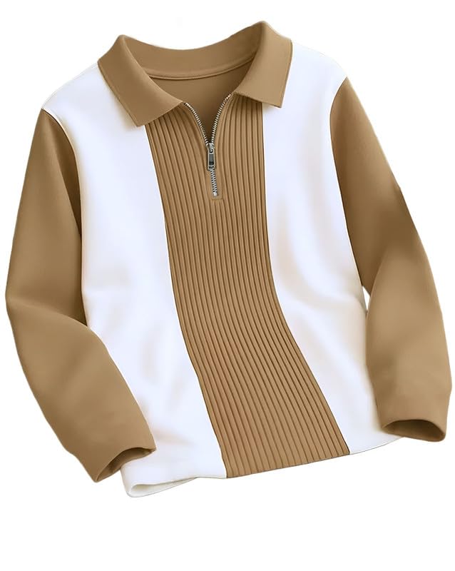 AUSK T-Shirt for Men Zip Neck Texture Self Design Cotton Blend Mens Tshirts Beige - Image 1