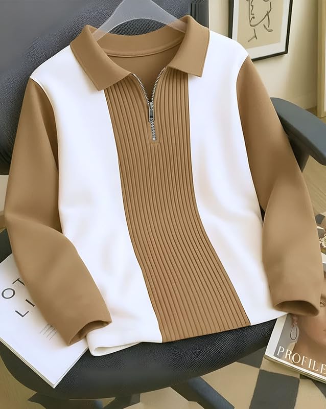 AUSK T-Shirt for Men Zip Neck Texture Self Design Cotton Blend Mens Tshirts Beige - Image 2