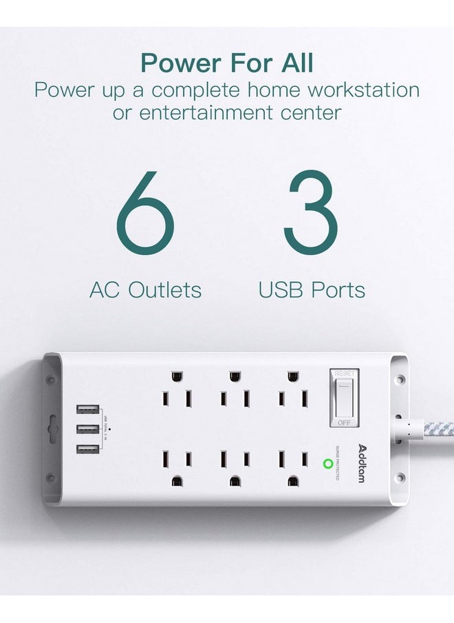 Addtam Addtam Power Strip Surge Protector 6 Outlets and 3 USB Ports 5Ft Long Extension Cord, Flat Plug Overload Surge Protection Outlet Strip, Wall Mount for Home, Office and Dorm White  - Image 2