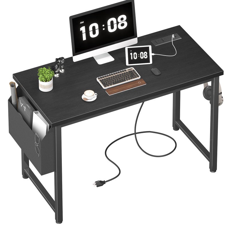 Lufeiya 39 inch Computer Desk with Power Outlet, 40 inch Teen Study Table Home Office Work Writing Desks with Charging Station Outlets Built in, Black - Image 1