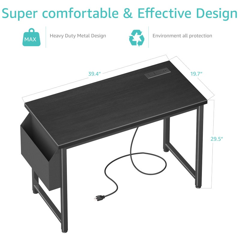 Lufeiya 39 inch Computer Desk with Power Outlet, 40 inch Teen Study Table Home Office Work Writing Desks with Charging Station Outlets Built in, Black - Image 3