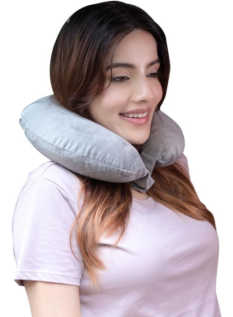 CareFoam Travel Neck Pillow – Lightweight Neck Support for Flight, Car & Train – Premium Velvet Cover, Grey – Comfortable Sleep for Men & Women - Image 1