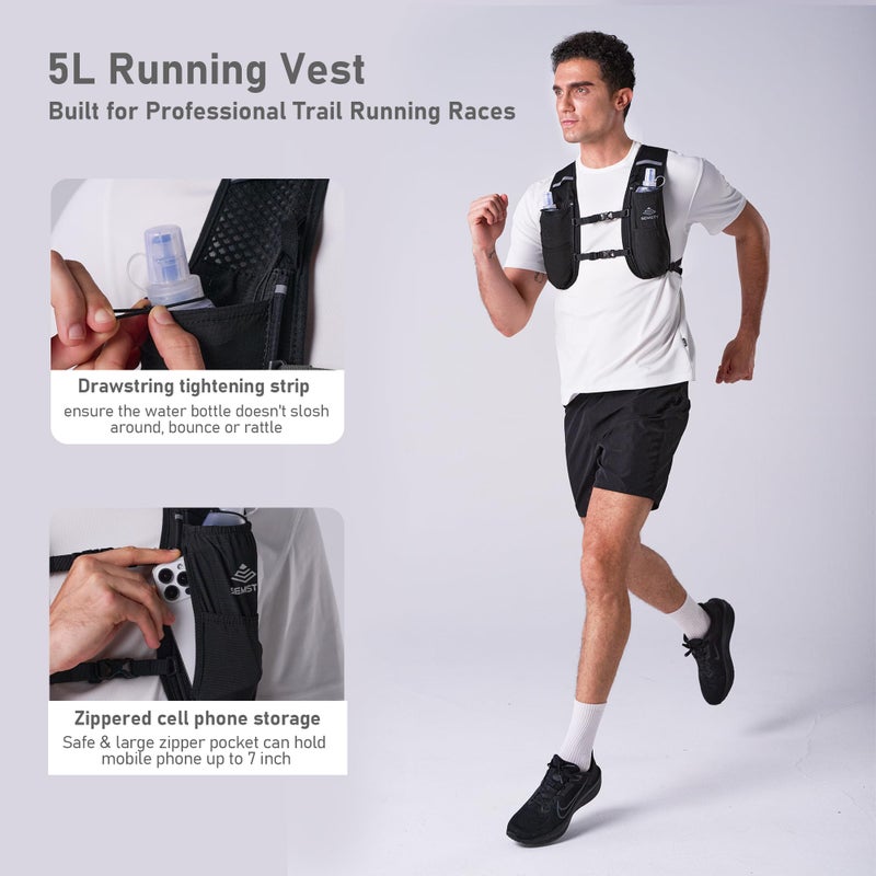 SEMSTY Running Vest for Women Men, 5L Hydration Vest with Dual 500ml Soft Flask, Lightweight Water Backpack, Adjustable Chest Straps Hydration Backpack for Running Cycling Hiking - Image 4