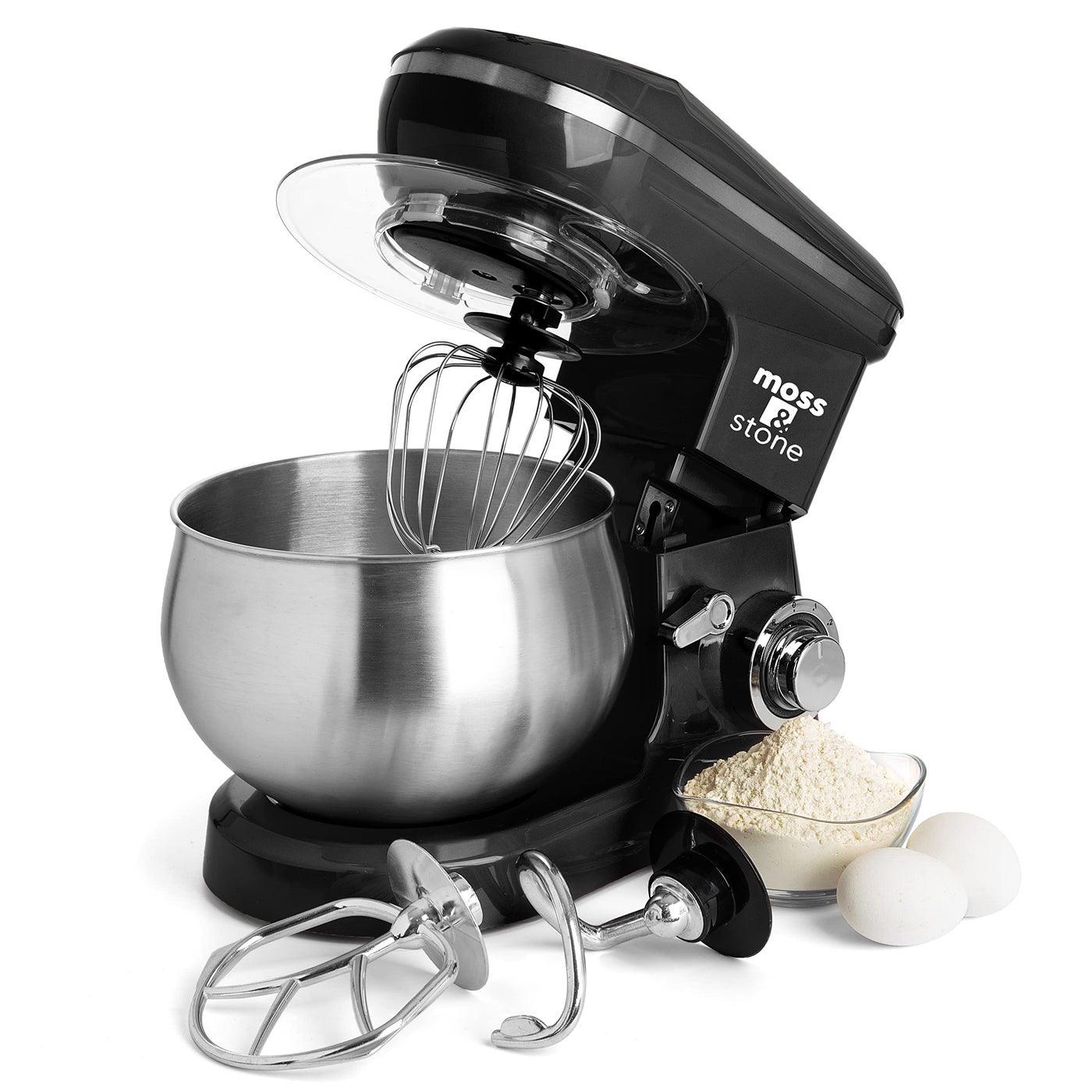 Moss Stone Black Stand Mixer 6 Speed Electric Mixer With 55 Quart Stainless Steel Mixing Bowl Black Body Kitchen Mixer With Dough Hook Egg Whisk Beater Baking Spatula Classic Food Mixer