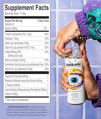 Neutonic Nootropic Productivity Energy Drink | Tropical Ice 12 Cans | 120mg Natural Caffeine, Zero Sugar | Support Memory, Mental Clarity, Cognitive Function | Boost Focus, Energy, Brain Health - Image 2