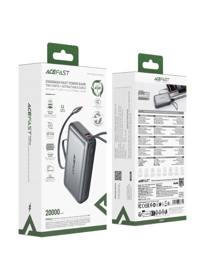 ACEFAST M34 Power Bank 20000mAh PD45W, Built-in Retractable USB-C Cable, 45W Fast Charging, LED Digital Display, 3 Outputs, Airline Safe, USB-A & USB-C - Image 5