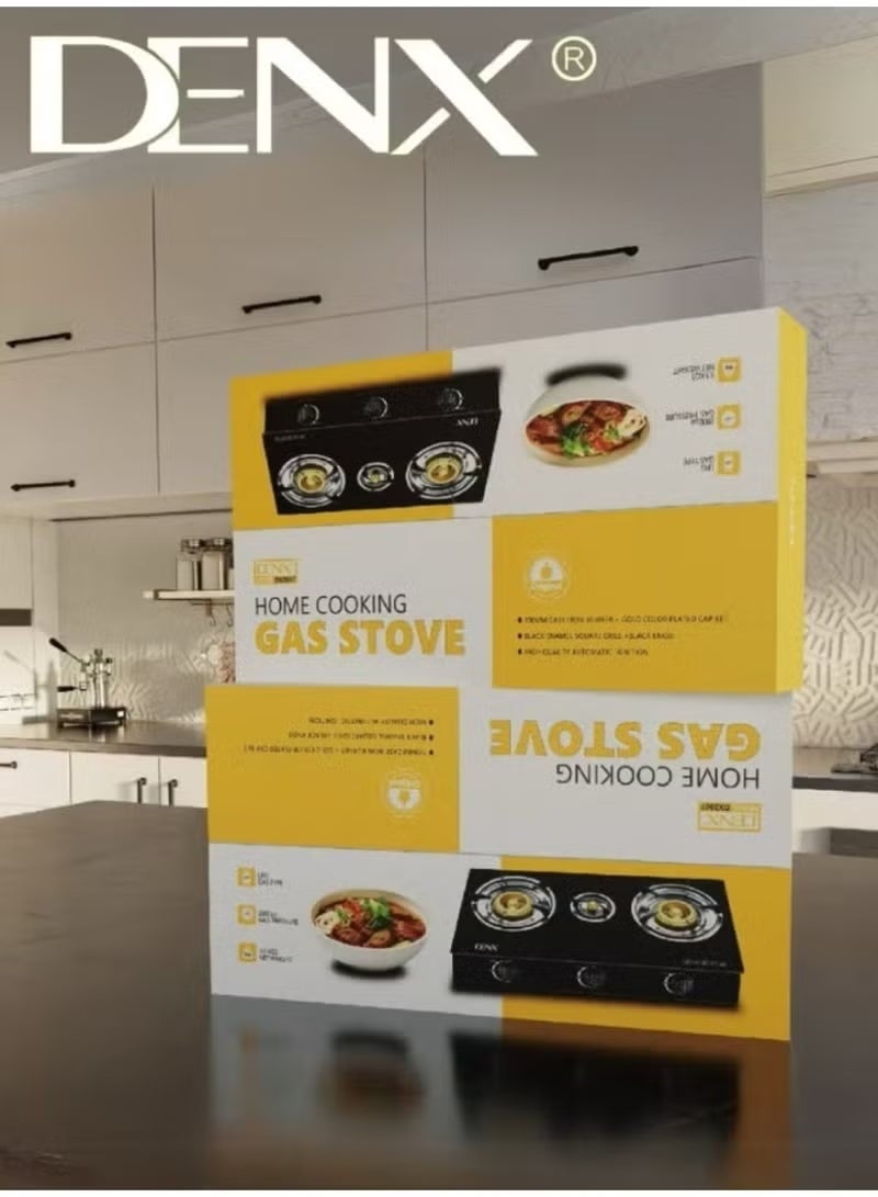 Denx Home Cooking Gas Stove Model DX2807 – 3 Burners with Gold-Plated Caps, Automatic Ignition, Sleek Design, 5.5kg Weight, 2800 Pa Gas Pressure – LPG Compatible - Image 1