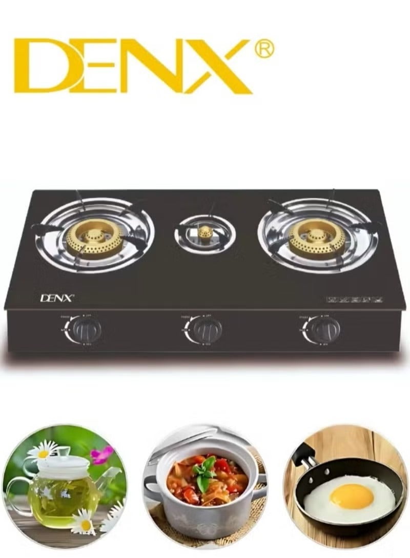 Denx Home Cooking Gas Stove Model DX2807 – 3 Burners with Gold-Plated Caps, Automatic Ignition, Sleek Design, 5.5kg Weight, 2800 Pa Gas Pressure – LPG Compatible - Image 2
