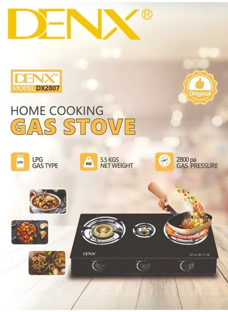 Denx Home Cooking Gas Stove Model DX2807 – 3 Burners with Gold-Plated Caps, Automatic Ignition, Sleek Design, 5.5kg Weight, 2800 Pa Gas Pressure – LPG Compatible - Image 3