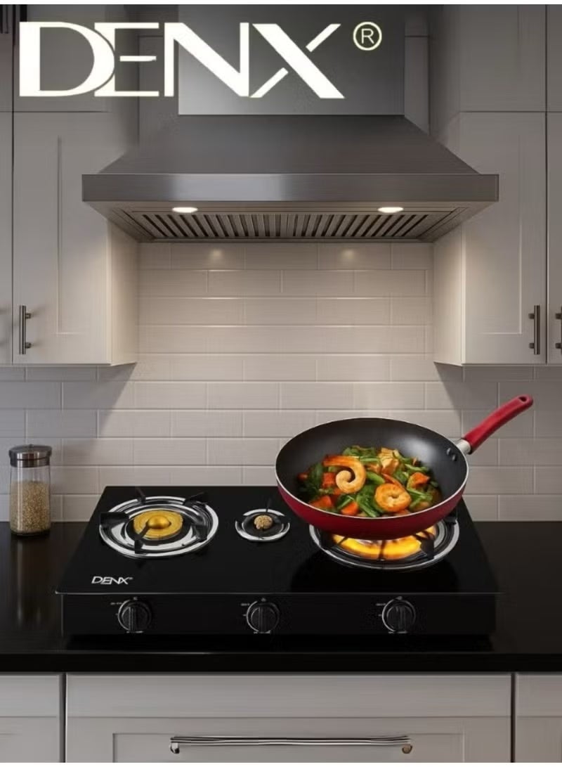 Denx Home Cooking Gas Stove Model DX2807 – 3 Burners with Gold-Plated Caps, Automatic Ignition, Sleek Design, 5.5kg Weight, 2800 Pa Gas Pressure – LPG Compatible - Image 5