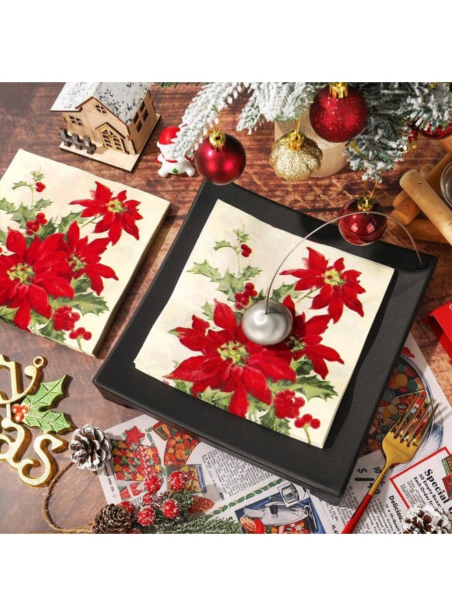 AnyDesign 100Pcs Christmas Flower Paper Napkins Poinsettia Luncheon Napkin Disposable Dessert Dinner Hand Napkin for Xmas Holiday Party Supplies - Image 4