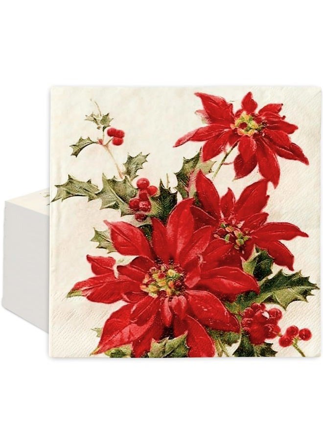 AnyDesign 100Pcs Christmas Flower Paper Napkins Poinsettia Luncheon Napkin Disposable Dessert Dinner Hand Napkin for Xmas Holiday Party Supplies - Image 1
