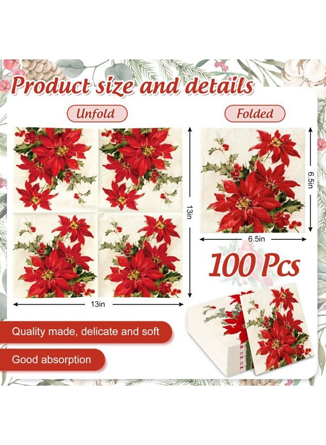 AnyDesign 100Pcs Christmas Flower Paper Napkins Poinsettia Luncheon Napkin Disposable Dessert Dinner Hand Napkin for Xmas Holiday Party Supplies - Image 2