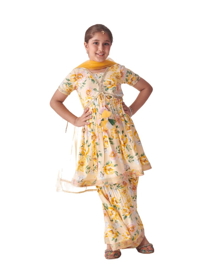 Pspeaches Girls Floral Printed Empire Gotta Patti Kurta with Sharara & With Dupatta (10-12Years) - Image 5