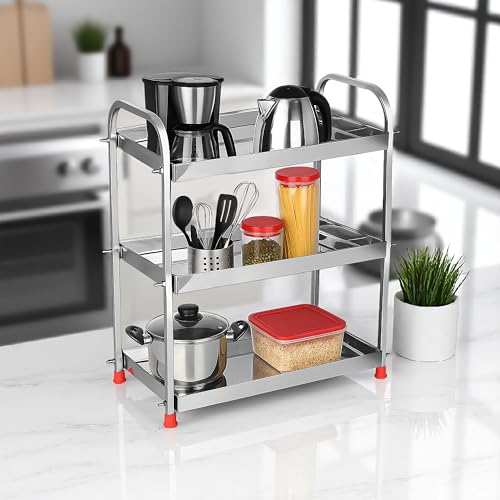 TechSrmaji 3-Tier Stainless Steel Kitchen Rack – Countertop Organizer Storage Shelf | Rustproof Space Saver Rack for Spices, Jars, Utensils | Multipurpose Shelf Stand for Kitchen, Bathroom (3-Shelf) - Image 3