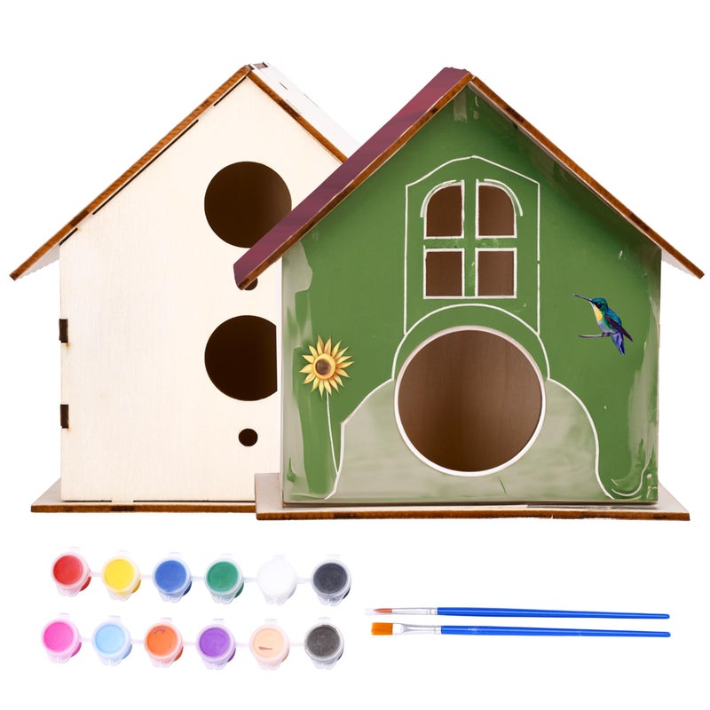 Neliblu 12 Wooden Birdhouses Kit, DIY Birdhouses for Kids and Adults, Painting Kit Party Favor with Color Paint, Brushes, Stickers, and Twine, Easy Assembly Wood Craft Sets in 3 Unique Shapes - Image 1