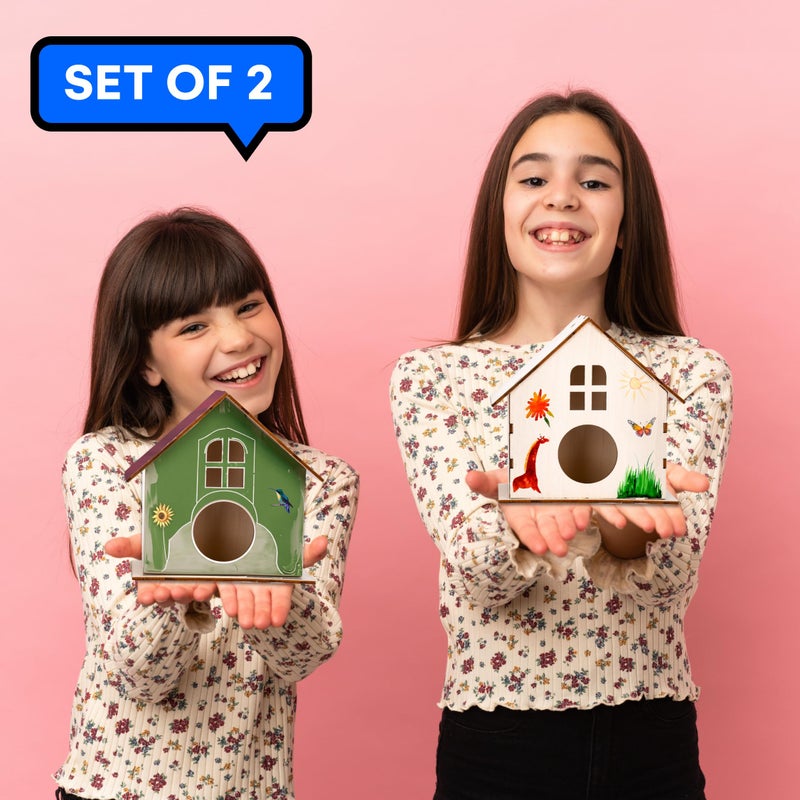 Neliblu 12 Wooden Birdhouses Kit, DIY Birdhouses for Kids and Adults, Painting Kit Party Favor with Color Paint, Brushes, Stickers, and Twine, Easy Assembly Wood Craft Sets in 3 Unique Shapes - Image 2