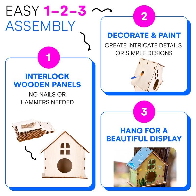 Neliblu 12 Wooden Birdhouses Kit, DIY Birdhouses for Kids and Adults, Painting Kit Party Favor with Color Paint, Brushes, Stickers, and Twine, Easy Assembly Wood Craft Sets in 3 Unique Shapes - Image 5
