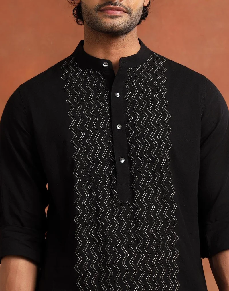 Fabindia  Black Cotton Chikankari Slim Fit Long Kurta for Men | Best Price UAE