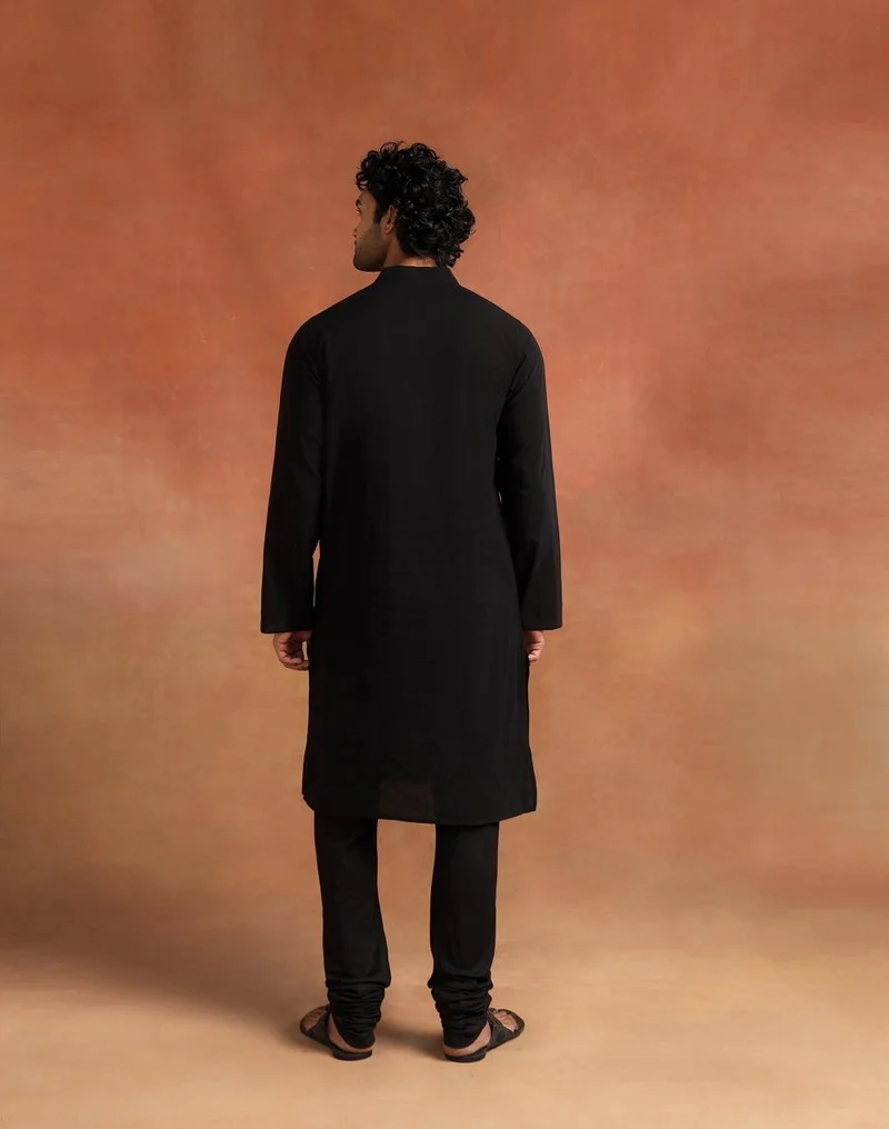Fabindia  Black Cotton Chikankari Slim Fit Long Kurta for Men | Best Price UAE