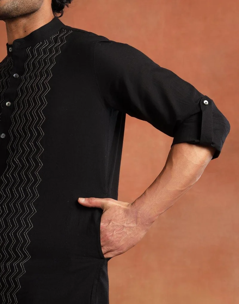 Fabindia  Black Cotton Chikankari Slim Fit Long Kurta for Men | Best Price UAE