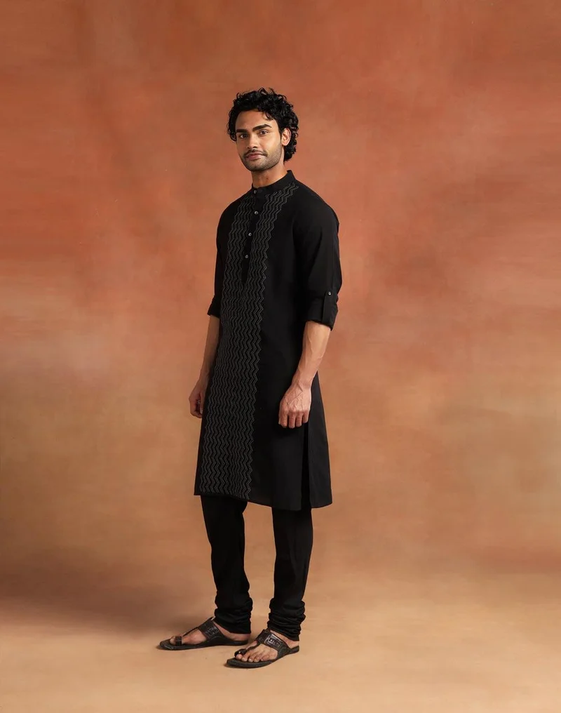 Fabindia  Black Cotton Chikankari Slim Fit Long Kurta for Men | Best Price UAE