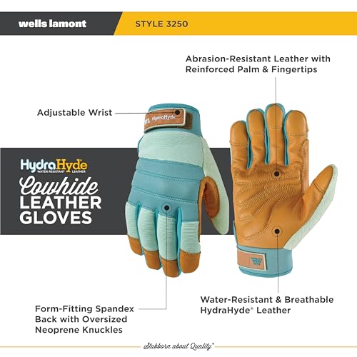 Wells Lamont Women's HydraHyde Leather Hybrid Gloves – Water-Resistant, Durable Cowhide Palm, Spandex Stretch Back – Ideal Landscaping/Farming/Gardening Gloves – Adjustable Wrist – Small, Blue (3250S) - Image 3