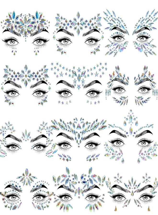 Allruyee 12 Sets Face Jewels Gems Mermaid Glitter Rhinestone Crystal Stickers Waterproof Eyes Temporary Tattoos for Party, Rave Festival, Carnival, Holiday Costumes, Accessories - Image 1
