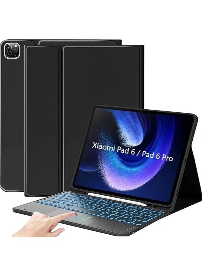 erorex Touch Case with Keyboard for Xiaomi Pad 6 / Pad 6 Pro (11", 2023) Arabic and English - Multi-Touch Trackpad Detachable Wireless Tablet Keyboard Case with Pencil Holder for Mi pad 6/ Mi pad 6 Pro Black - Image 1