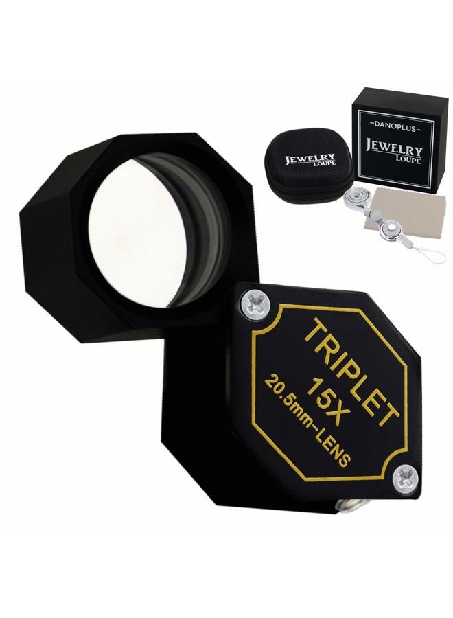 DANOPLUS 15x Magnifier Jewelry Loupe 20.5mm Triplet Lens Optical Glass Pocket Gem Magnifying Tool for Jeweler, Stamp Philatelist, Coin numismatic, Achromatic Black Hexagonal Design Kit Set - Image 1