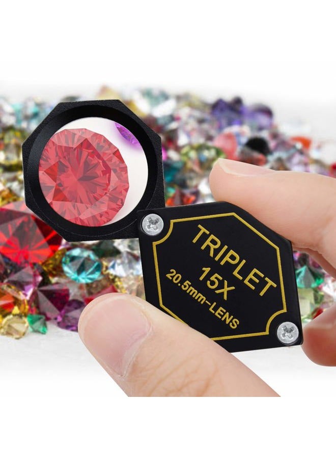 DANOPLUS 15x Magnifier Jewelry Loupe 20.5mm Triplet Lens Optical Glass Pocket Gem Magnifying Tool for Jeweler, Stamp Philatelist, Coin numismatic, Achromatic Black Hexagonal Design Kit Set - Image 2