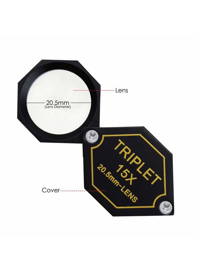 DANOPLUS 15x Magnifier Jewelry Loupe 20.5mm Triplet Lens Optical Glass Pocket Gem Magnifying Tool for Jeweler, Stamp Philatelist, Coin numismatic, Achromatic Black Hexagonal Design Kit Set - Image 4