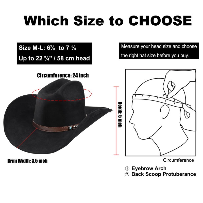 Foeran Western Cowboy Hat for Men Women,Shapeable Wide Brim Felt Fedora Classic Cowgirl Hats for Cowboys and Cowgirls,with bolo tie (US, Alpha, Medium, Large, Black-D) - Image 4