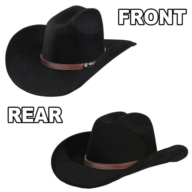 Foeran Western Cowboy Hat for Men Women,Shapeable Wide Brim Felt Fedora Classic Cowgirl Hats for Cowboys and Cowgirls,with bolo tie (US, Alpha, Medium, Large, Black-D) - Image 3