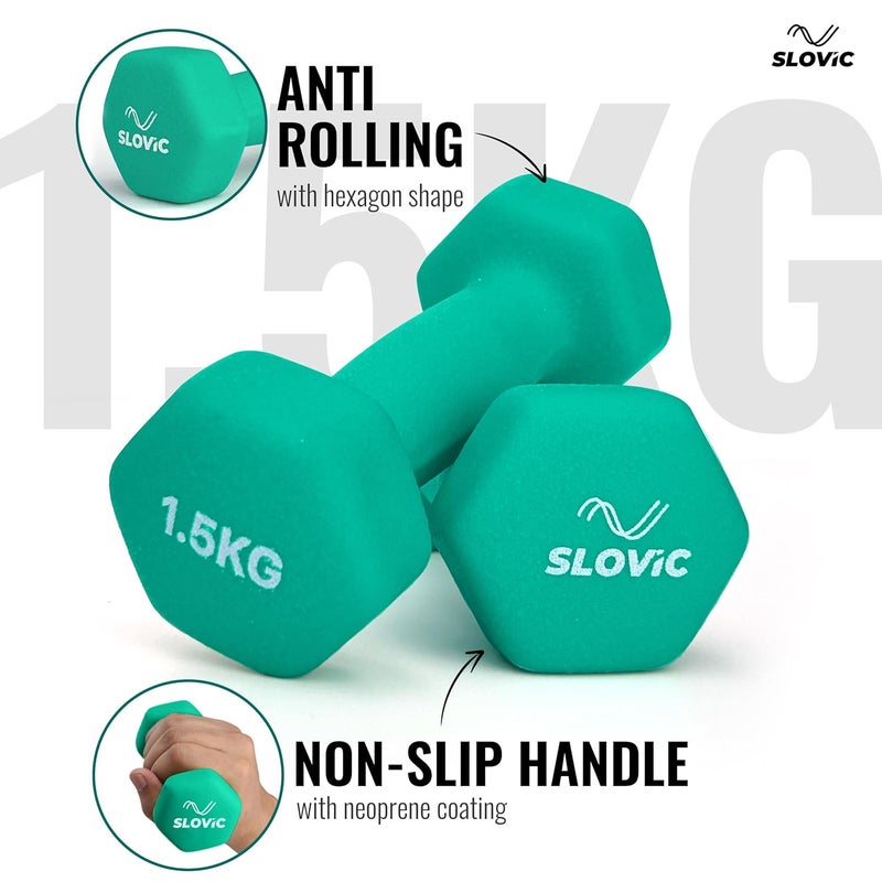 SLOVIC Dumbbell Set [1.5 Kg Each] | Neoprene Dumbbells Set for Home Gym | Gym Dumbbells Set for Home Workout | Gym Equipment for Home Workout | Anti-Skied Iron Dumbell | Dumbbells for Women [Mint] - Image 3