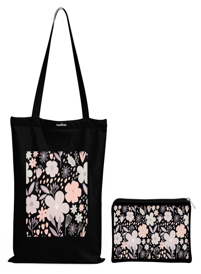 TrendoPrint حقيبة تسوق سوداء مطبوعة صديقة للبيئة من تريندوبرينت، مقاس 14 × 16 بوصة، مع حقيبة مكياج، مناسبة للجامعة والتسوق والسفر (TB55) - Image 1