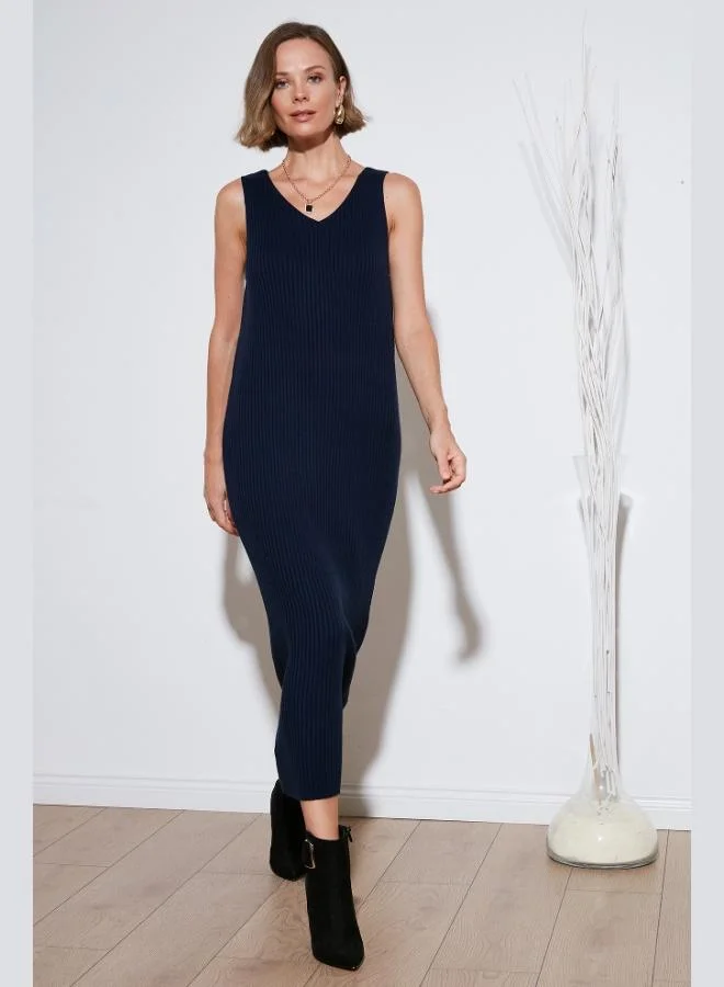 Lela Lela V-Neck Ribbed Long Knit Dress Women's Dress 4616169